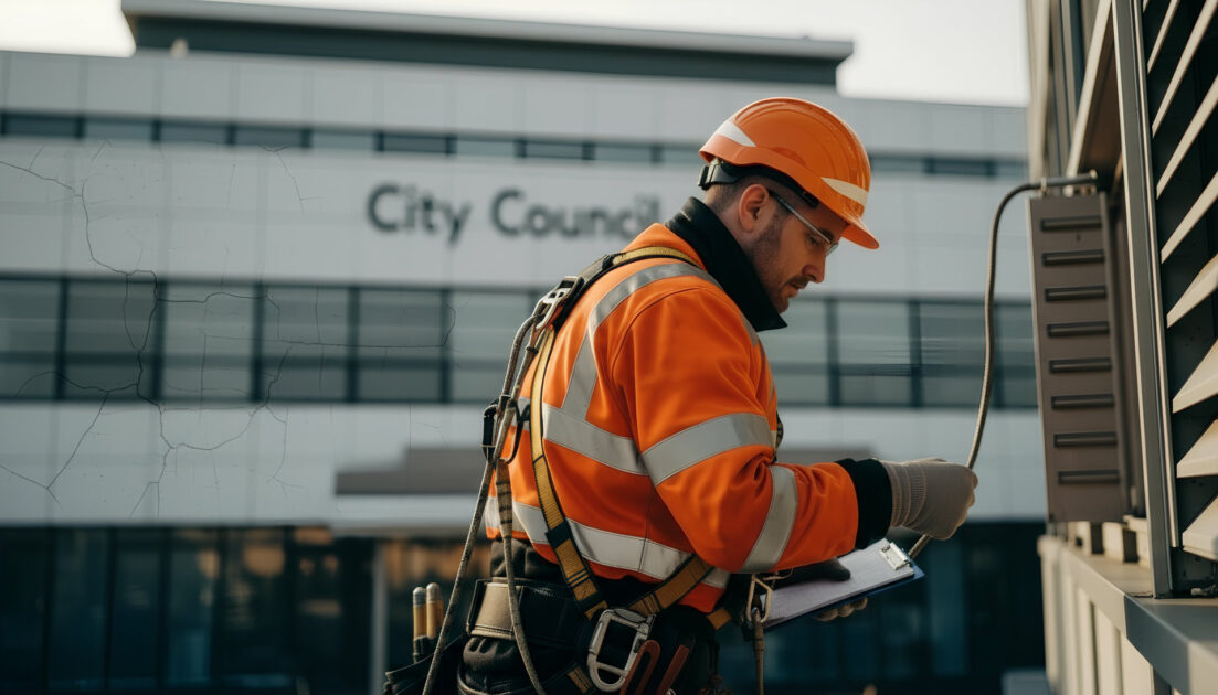 Hedingham Contracts engineer carrying out building maintenance at a secure public facility.
