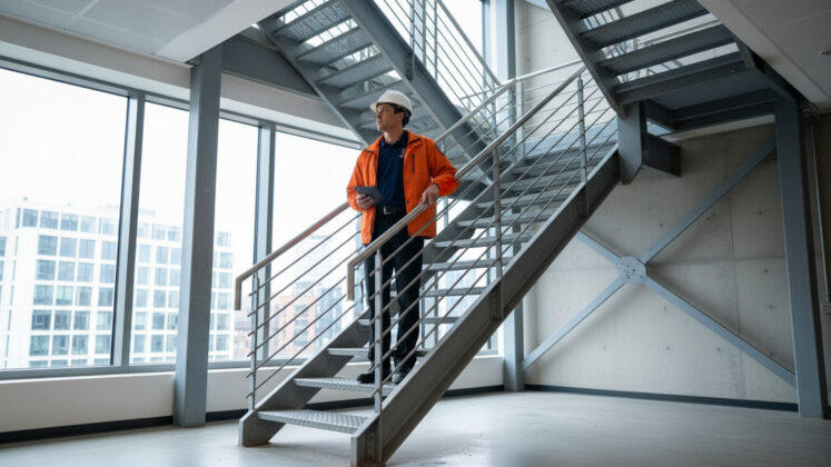 Compliance officer reviewing fire escape