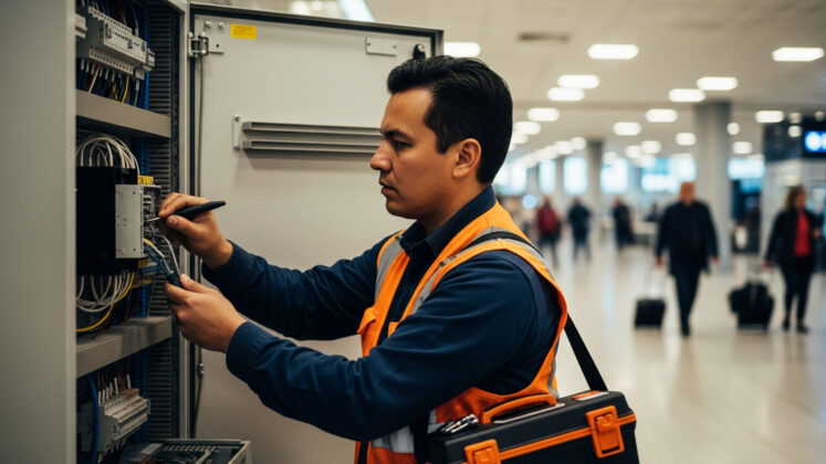 engineer working on electrics in airport