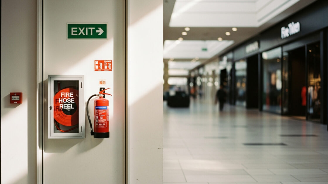 Fire equipment on wall of shopping centre
