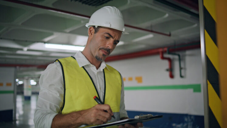Fire safety inspector writing notes.
