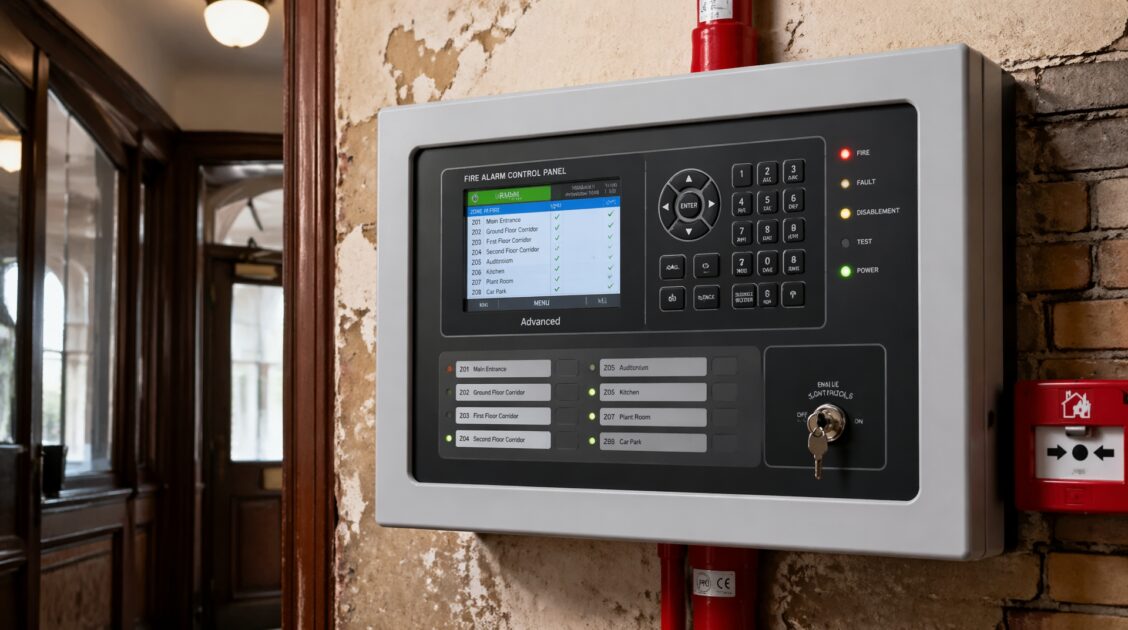 Fire alarm control panel showing modern detection system installed in an older building.