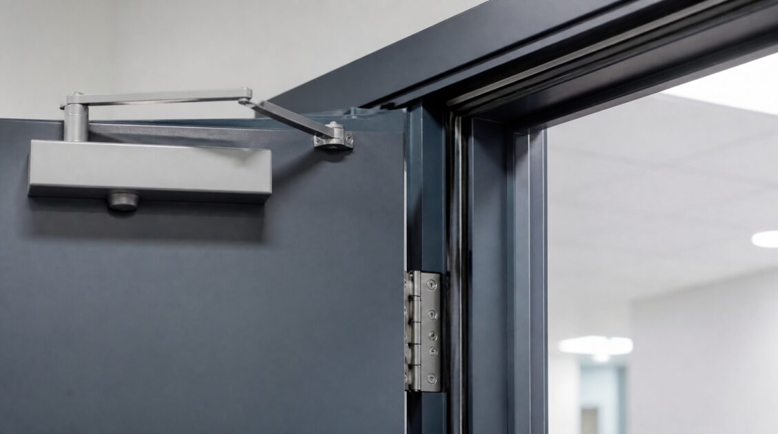 Engineer inspecting a fire door in a UK commercial property