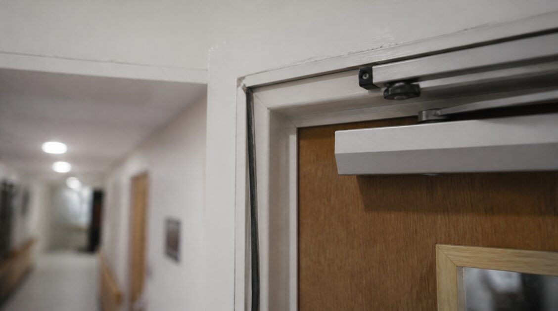 Close up of fire door closer in a UK care home corridor