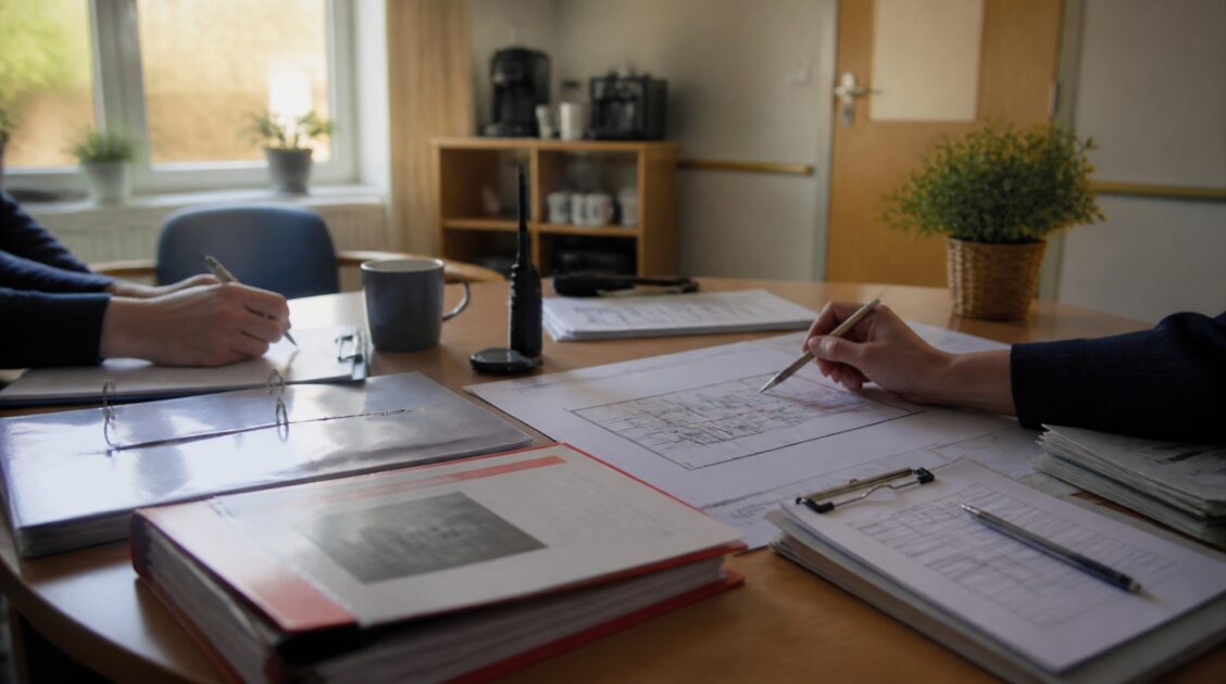 Fire safety records and building plans on a table in a UK care setting