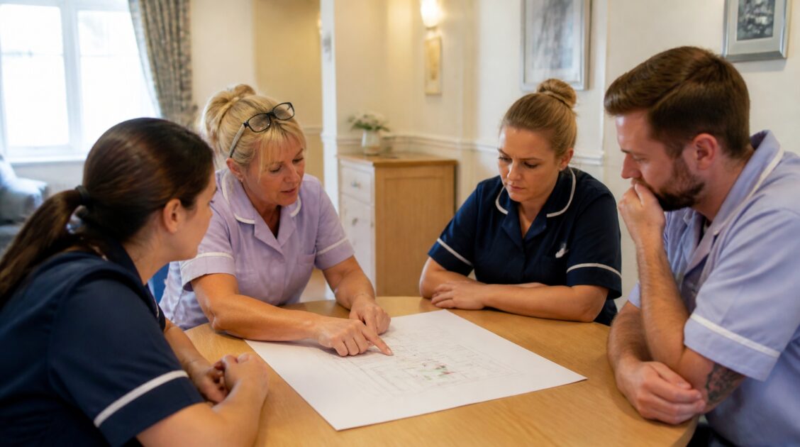 Care home staff reviewing a fire safety plan in a UK residential care setting